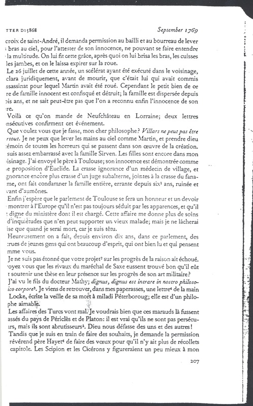 Lettre de Voltaire à D'Alembert, 4 septembre 1769 Lettre de Voltaire à D'Alembert, 4 septembre 1769