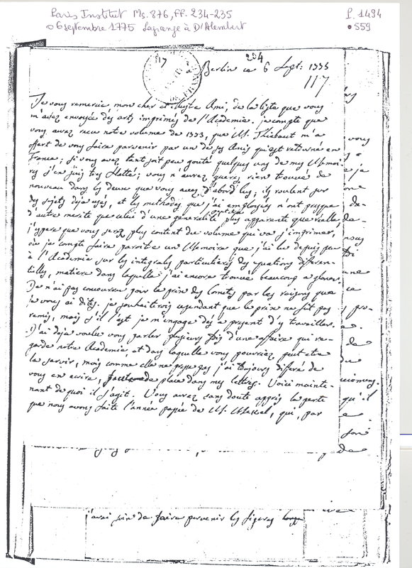 Lettre de Lagrange à D'Alembert, 6 septembre 1775 Lettre de Lagrange à D'Alembert, 6 septembre 1775