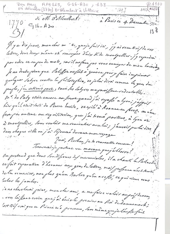 Lettre de D'Alembert à Voltaire, 4 décembre 1770 Lettre de D'Alembert à Voltaire, 4 décembre 1770