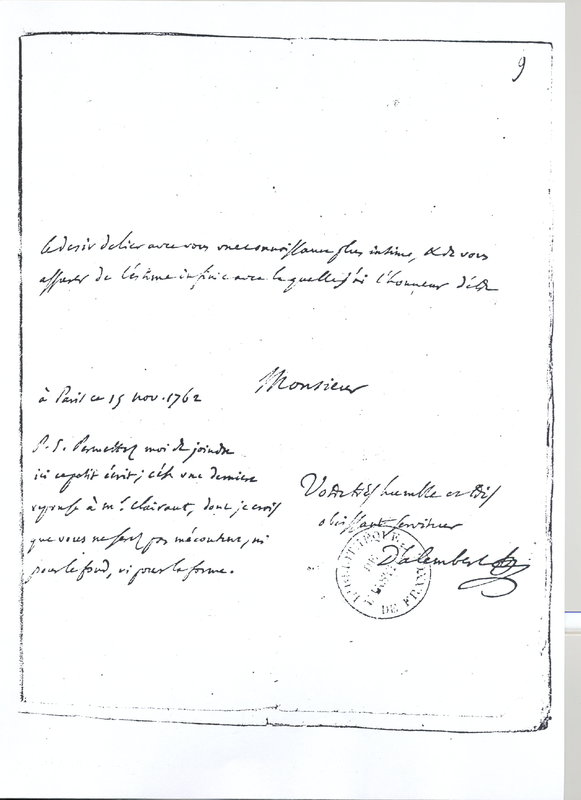 Lettre de D'Alembert à Lagrange, 15 novembre 1762 Lettre de D'Alembert à Lagrange, 15 novembre 1762