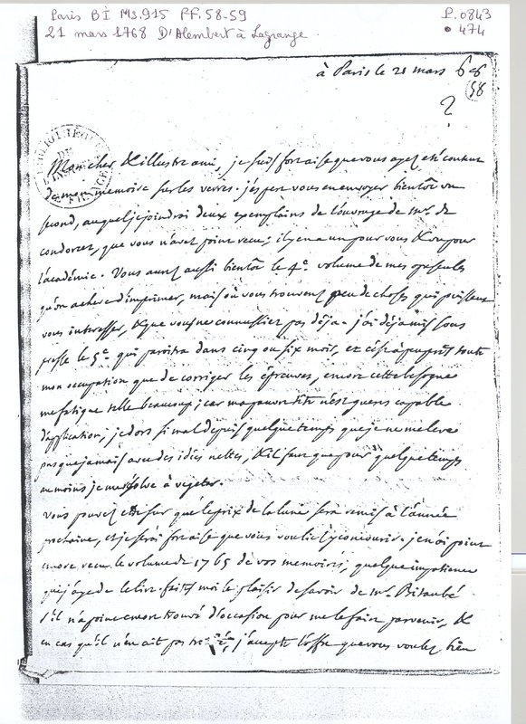 Lettre de D'Alembert à Lagrange, 21 mars 1768 Lettre de D'Alembert à Lagrange, 21 mars 1768