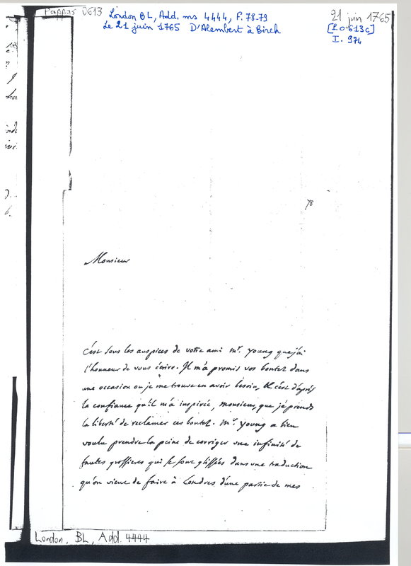 Lettre de D'Alembert à Birch, 21 juin 1765 Lettre de D'Alembert à Birch, 21 juin 1765