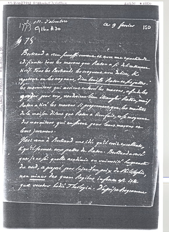 Lettre de D'Alembert à Voltaire, 9 février 1773 Lettre de D'Alembert à Voltaire, 9 février 1773