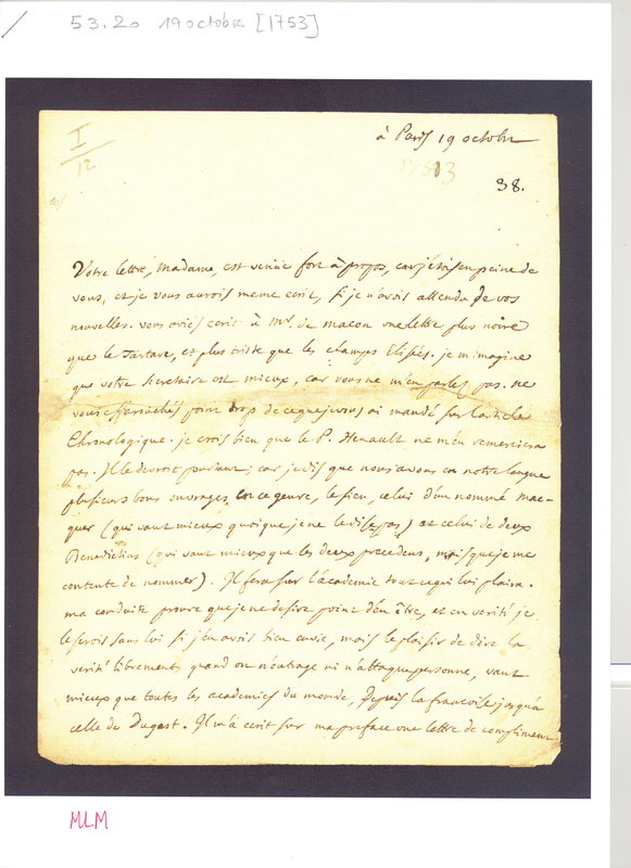 Lettre de D'Alembert à Mme Du Deffand (Vichy Chamron), 19 octobre 1753 Lettre de D'Alembert à Mme Du Deffand (Vichy Chamron), 19 octobre 1753