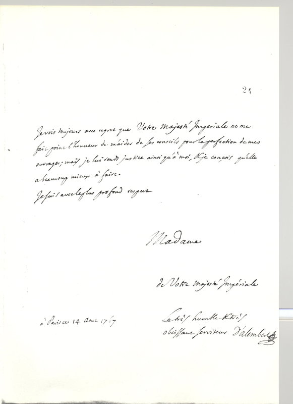 Lettre de D'Alembert à Catherine II, 14 août 1767 Lettre de D'Alembert à Catherine II, 14 août 1767
