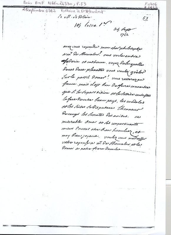 Lettre de Voltaire à D'Alembert, 25 septembre 1762 Lettre de Voltaire à D'Alembert, 25 septembre 1762
