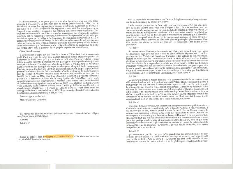 Lettre de Un professeur de mathématiques du collège d'Auxerre à D'Alembert, 11 juillet 1782 Lettre de Un professeur de mathématiques du collège d'Auxerre à D'Alembert, 11 juillet 1782