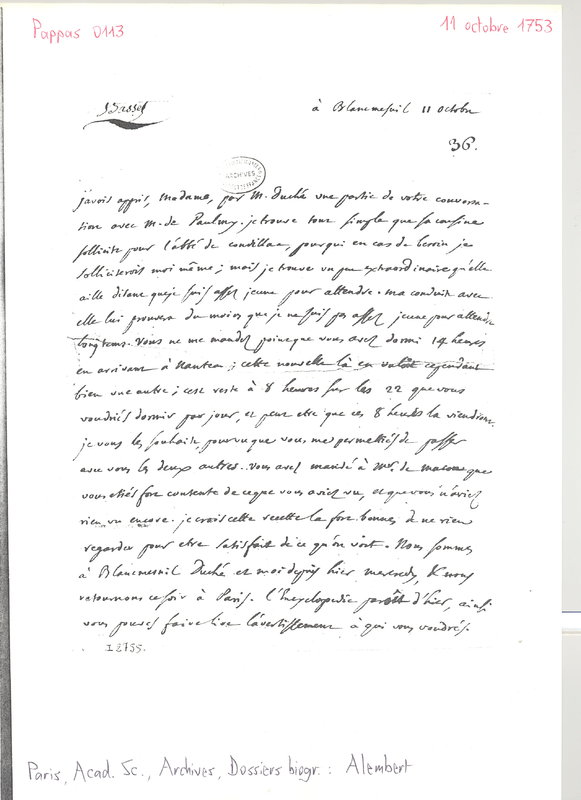 Lettre de D'Alembert à Mme Du Deffand (Vichy Chamron), 11 octobre 1753