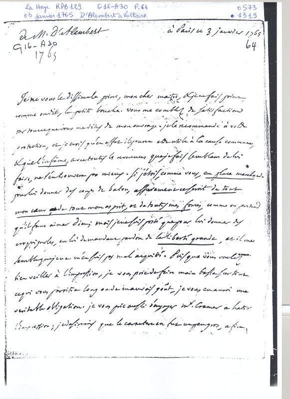 Lettre de D'Alembert à Voltaire, 3 janvier 1765 Lettre de D'Alembert à Voltaire, 3 janvier 1765