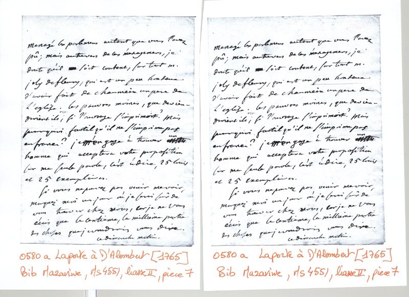 Lettre de Laporte à D'Alembert, 1764 Lettre de Laporte à D'Alembert, 1764