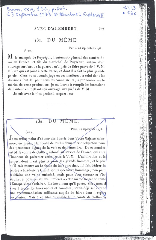 Lettre de D'Alembert à Frédéric II, 13 septembre 1773 Lettre de D'Alembert à Frédéric II, 13 septembre 1773