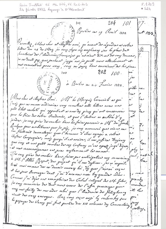 Lettre de Lagrange à D'Alembert, 24 février 1772 Lettre de Lagrange à D'Alembert, 24 février 1772