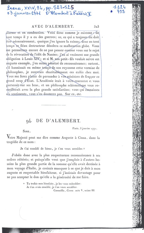 Lettre de D'Alembert à Frédéric II, 3 janvier 1771 Lettre de D'Alembert à Frédéric II, 3 janvier 1771