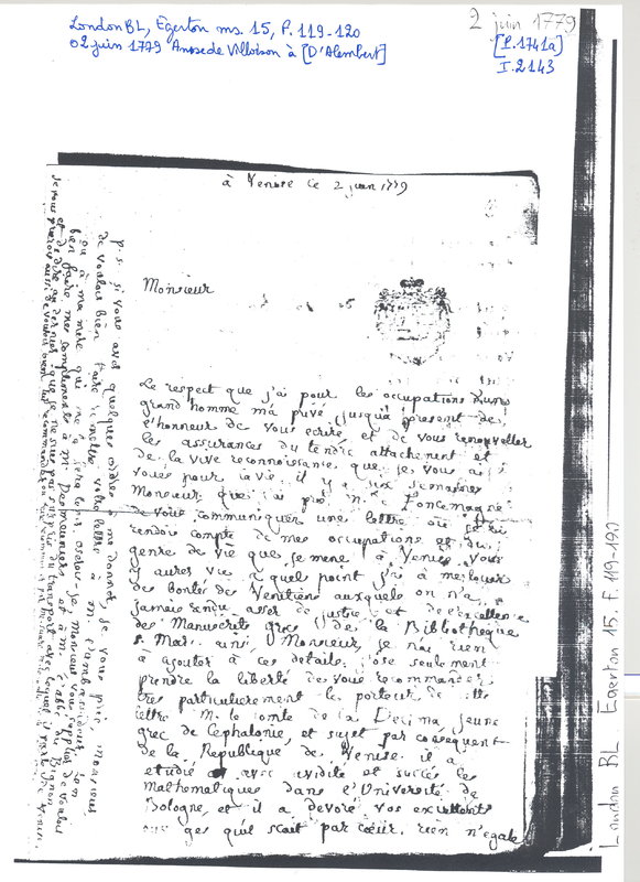 Lettre de Ansse de Villoison à D'Alembert, 2 juin 1779 Lettre de Ansse de Villoison à D'Alembert, 2 juin 1779