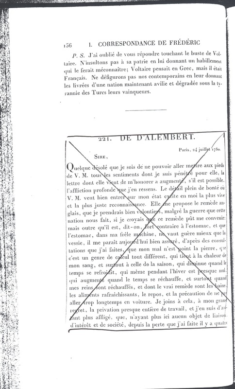 Lettre de Frédéric II à D'Alembert, 22 juin 1780 Lettre de Frédéric II à D'Alembert, 22 juin 1780