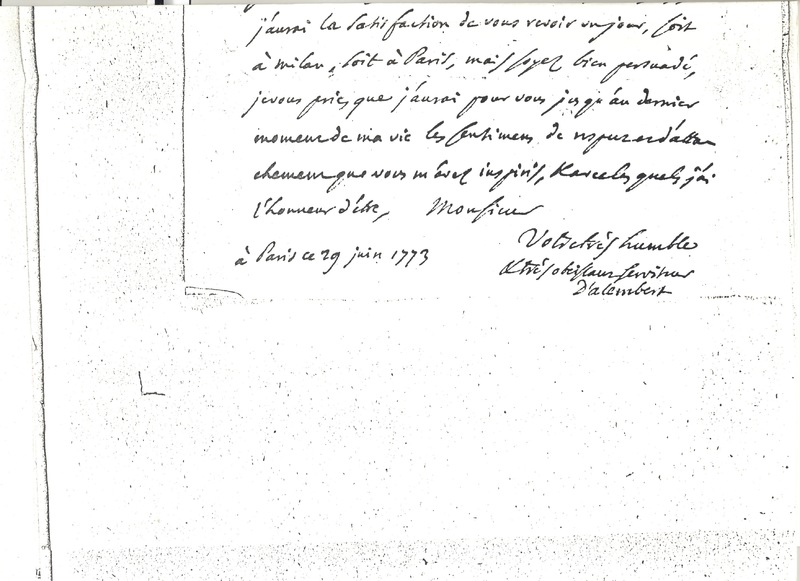 Lettre de D'Alembert à Beccaria, 29 juin 1773 Lettre de D'Alembert à Beccaria, 29 juin 1773