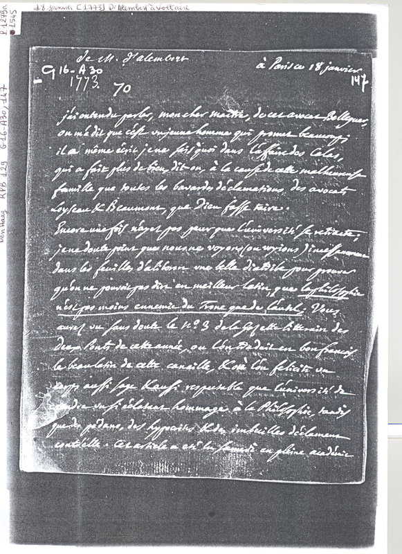 Lettre de D'Alembert à Voltaire, 18 janvier 1773 Lettre de D'Alembert à Voltaire, 18 janvier 1773