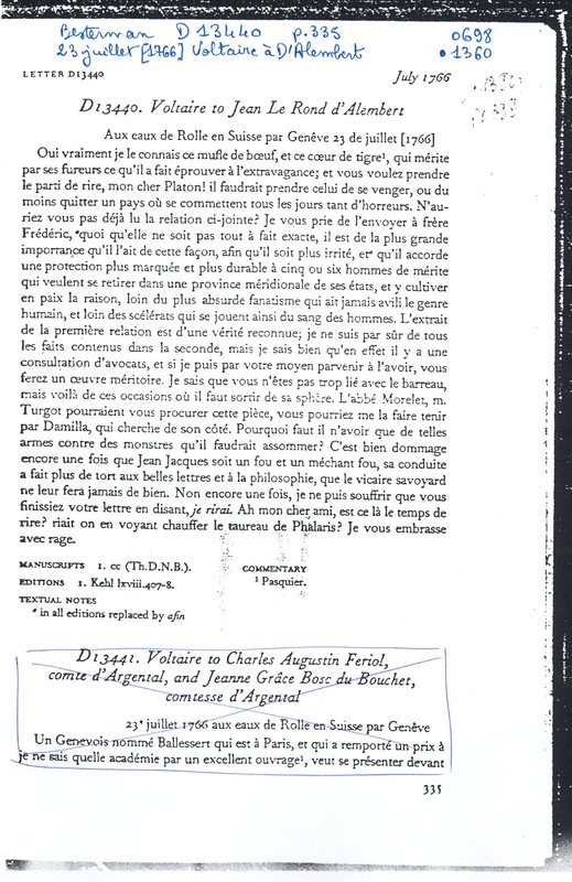 Lettre de Voltaire à D'Alembert, 23 juillet 1766 Lettre de Voltaire à D'Alembert, 23 juillet 1766