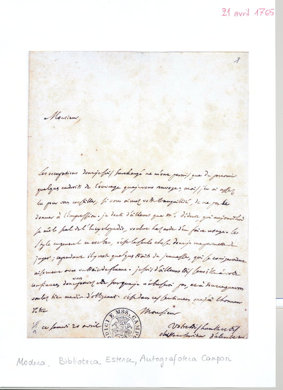 Lettre de D'Alembert à Non identifié, 20 avril 1765 Lettre de D'Alembert à Non identifié, 20 avril 1765