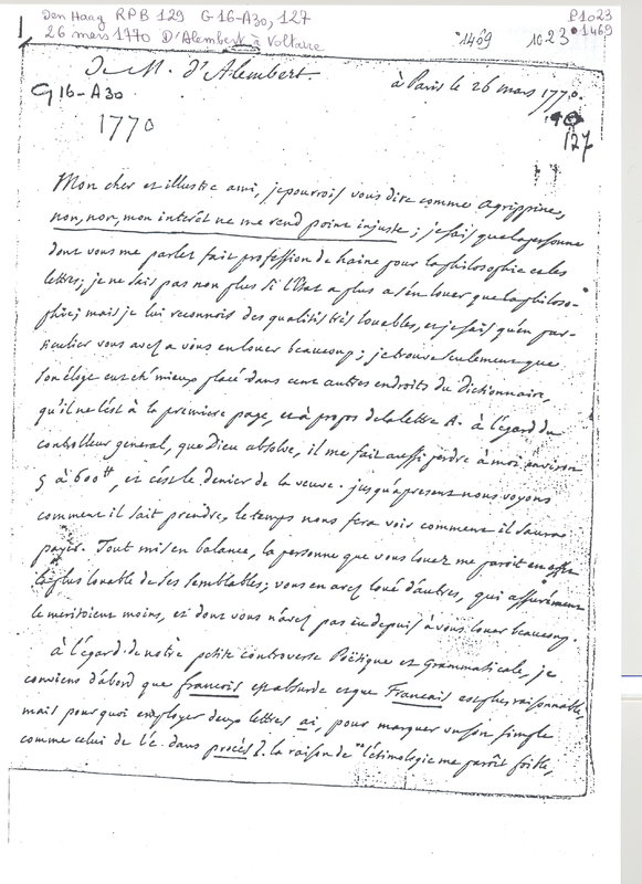 Lettre de D'Alembert à Voltaire, 26 mars 1770 Lettre de D'Alembert à Voltaire, 26 mars 1770
