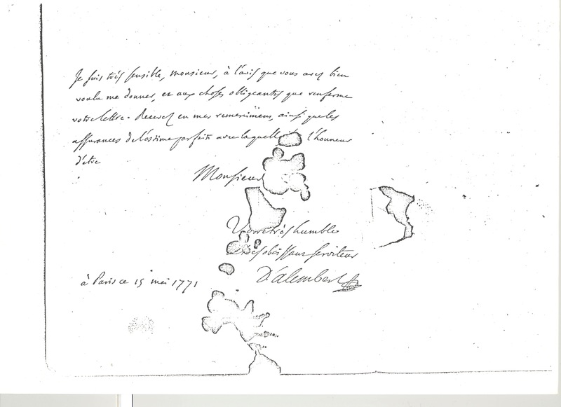 Lettre de D'Alembert à Mallet Fredéric, 15 mai 1771 Lettre de D'Alembert à Mallet Fredéric, 15 mai 1771