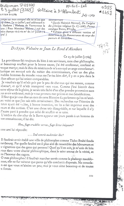 Lettre de Voltaire à D'Alembert, 23 juillet 1769 Lettre de Voltaire à D'Alembert, 23 juillet 1769