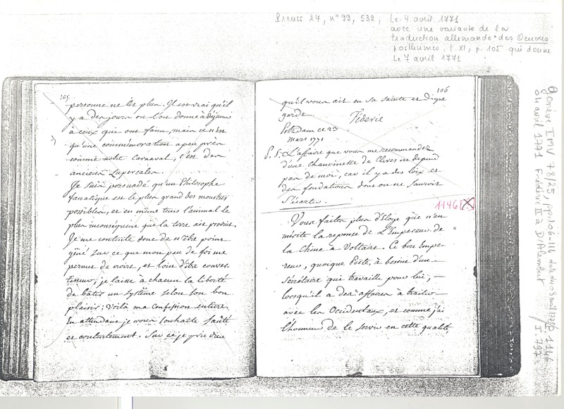 Lettre de Frédéric II à D'Alembert, 4 avril 1771 Lettre de Frédéric II à D'Alembert, 4 avril 1771