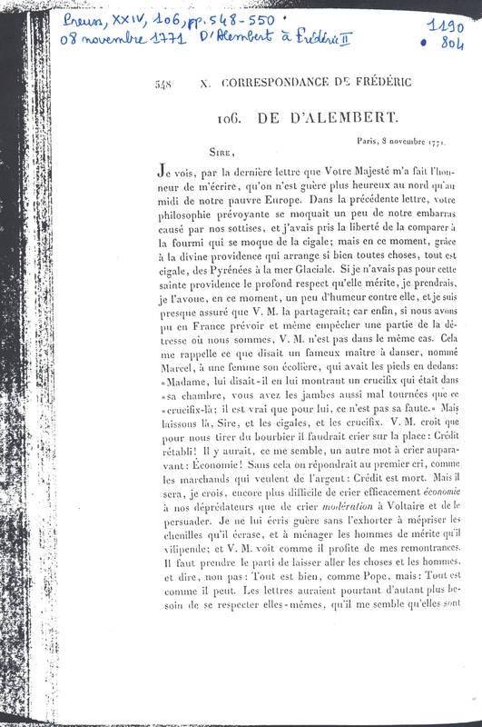 Lettre de D'Alembert à Frédéric II, 8 novembre 1771 Lettre de D'Alembert à Frédéric II, 8 novembre 1771