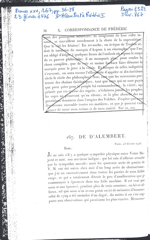 Lettre de D'Alembert à Frédéric II, 23 février 1776 Lettre de D'Alembert à Frédéric II, 23 février 1776