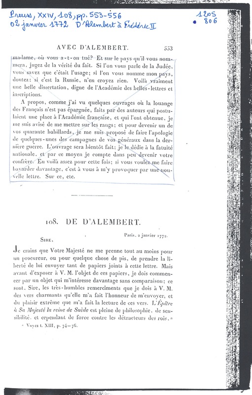 Lettre de D'Alembert à Frédéric II, 2 janvier 1772 Lettre de D'Alembert à Frédéric II, 2 janvier 1772