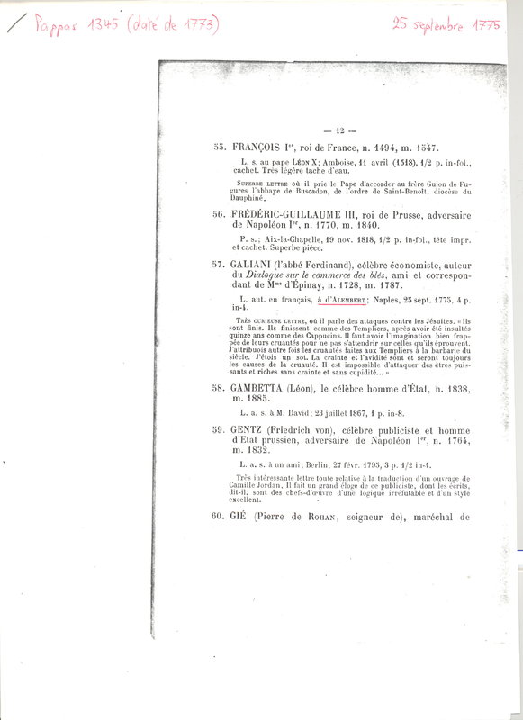 Lettre de Galiani à D'Alembert, 25 septembre 1773 Lettre de Galiani à D'Alembert, 25 septembre 1773
