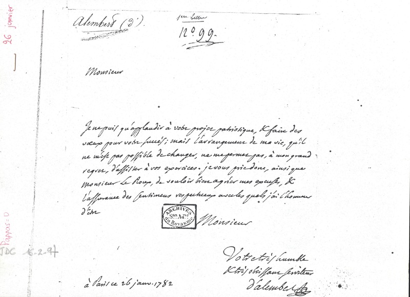 Lettre de D'Alembert à Collenot David, 26 janvier 1782 Lettre de D'Alembert à Collenot David, 26 janvier 1782