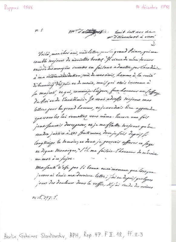 Lettre de D'Alembert à Catt, 14 décembre 1781 Lettre de D'Alembert à Catt, 14 décembre 1781