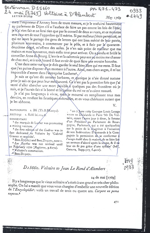 Lettre de Voltaire à D'Alembert, 24 mai 1769 Lettre de Voltaire à D'Alembert, 24 mai 1769