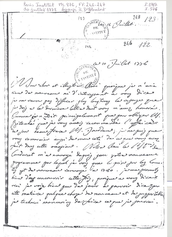 Lettre de Lagrange à D'Alembert, 10 juillet 1778 Lettre de Lagrange à D'Alembert, 10 juillet 1778