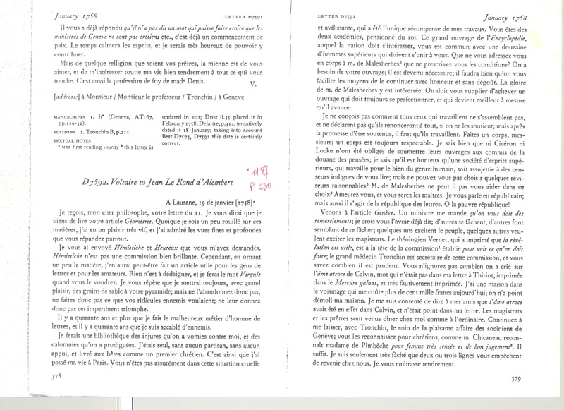 Lettre de Voltaire à D'Alembert, 19 janvier 1758 Lettre de Voltaire à D'Alembert, 19 janvier 1758