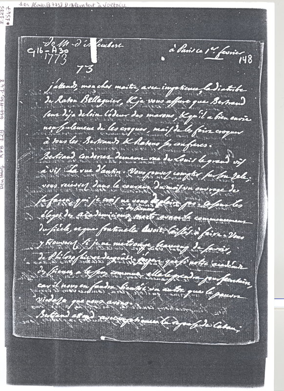 Lettre de D'Alembert à Voltaire, 1er février 1773 Lettre de D'Alembert à Voltaire, 1er février 1773