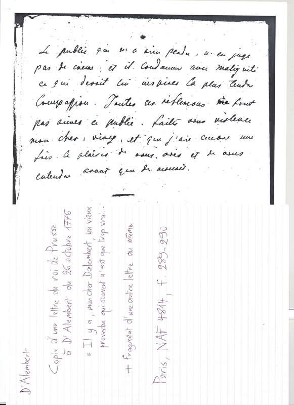 Lettre de Frédéric II à D'Alembert, 26 octobre 1776 Lettre de Frédéric II à D'Alembert, 26 octobre 1776