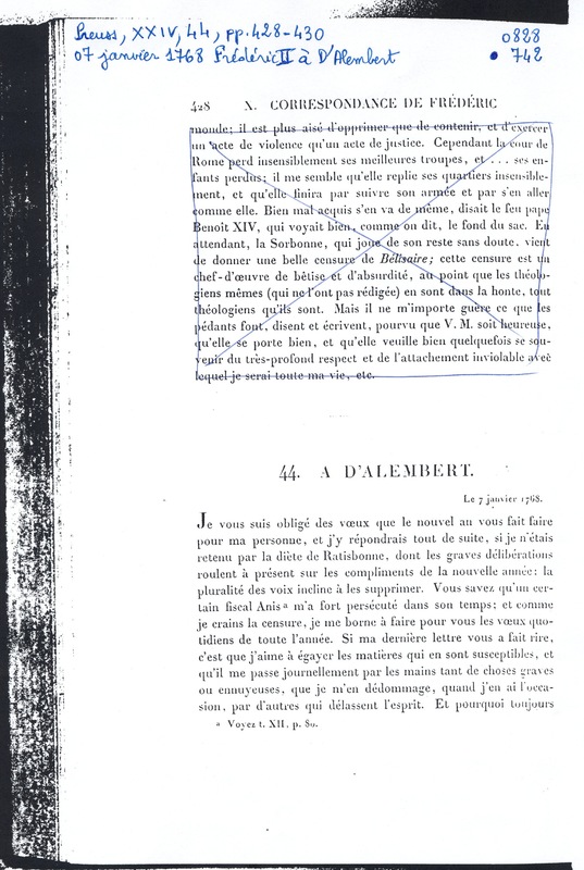 Lettre de Frédéric II à D'Alembert, 7 janvier 1768 Lettre de Frédéric II à D'Alembert, 7 janvier 1768