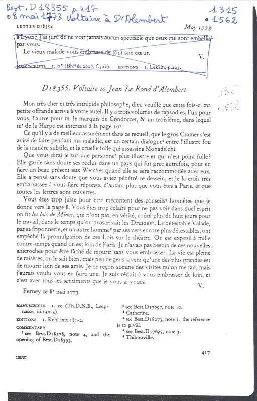 Lettre de Voltaire à D'Alembert, 8 mai 1773 Lettre de Voltaire à D'Alembert, 8 mai 1773