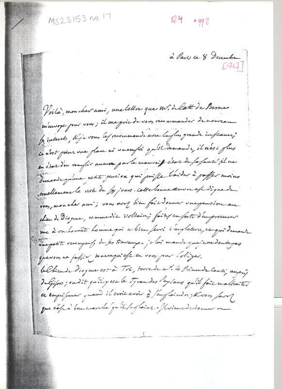 Lettre de D'Alembert à Hume David, 8 décembre 1767