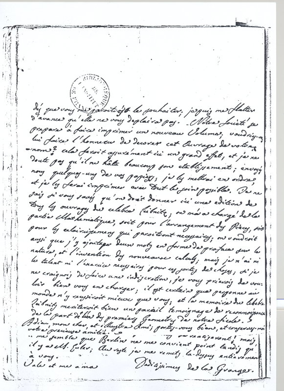 Lettre de Lagrange à D'Alembert, 26 janvier 1765 Lettre de Lagrange à D'Alembert, 26 janvier 1765