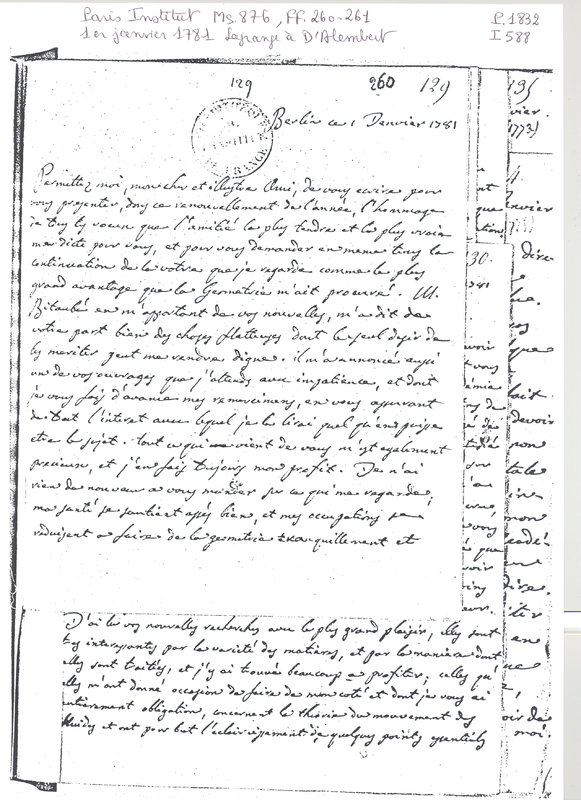 Lettre de Lagrange à D'Alembert, 1er janvier 1781er Lettre de Lagrange à D'Alembert, 1er janvier 1781er
