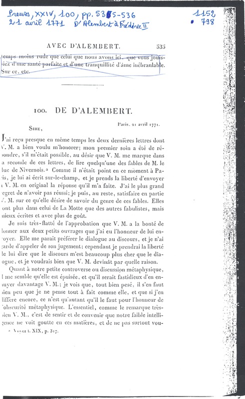 Lettre de D'Alembert à Frédéric II, 21 avril 1771 Lettre de D'Alembert à Frédéric II, 21 avril 1771