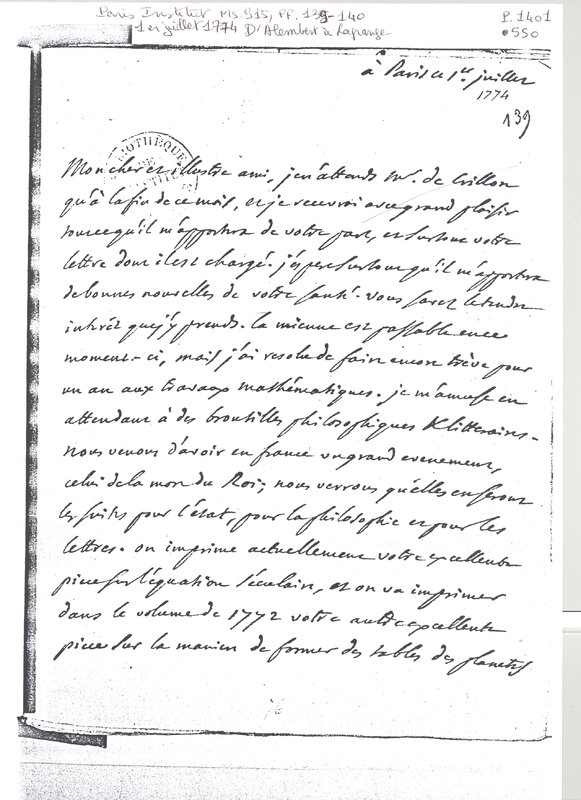 Lettre de D'Alembert à Lagrange, 1<sup>er</sup> juillet 1774 Lettre de D'Alembert à Lagrange, 1<sup>er</sup> juillet 1774