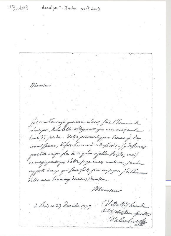 Lettre de D'Alembert à Gagniere, 23 décembre 1773 Lettre de D'Alembert à Gagniere, 23 décembre 1773