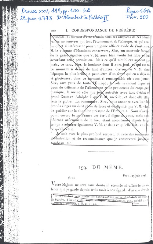 Lettre de D'Alembert à Frédéric II, 29 juin 1778 Lettre de D'Alembert à Frédéric II, 29 juin 1778