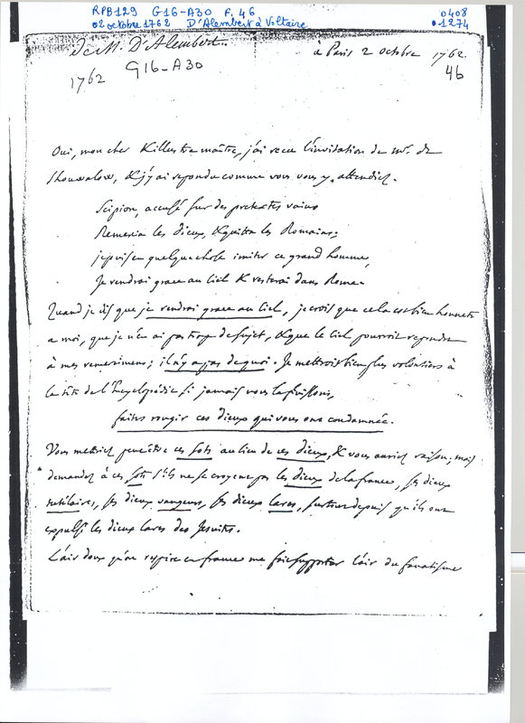 Lettre de D'Alembert à Voltaire, 2 octobre 1762 Lettre de D'Alembert à Voltaire, 2 octobre 1762