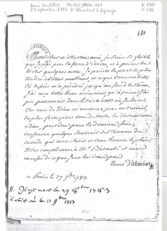 Lettre de D'Alembert à Lagrange, 27 septembre 1783 Lettre de D'Alembert à Lagrange, 27 septembre 1783