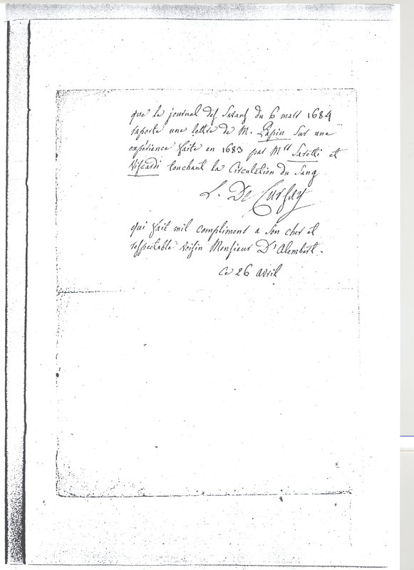 Lettre de Thomasseau de Cursay à D'Alembert, 26 avril 1773 Lettre de Thomasseau de Cursay à D'Alembert, 26 avril 1773